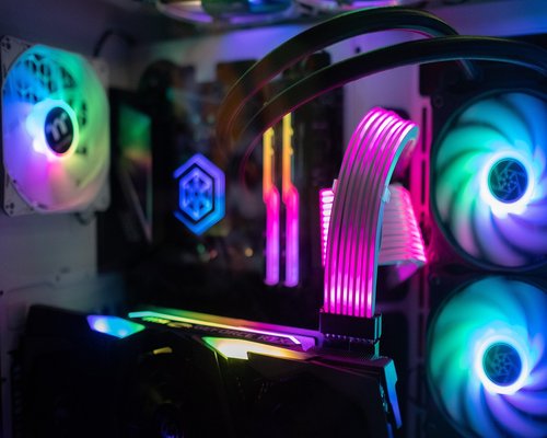 High performance PC tower and gaming display setup